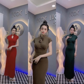 D252 - Đầm Midi Cổ Tàu Tay Lạ