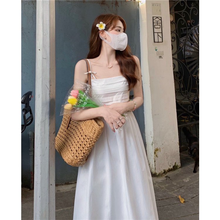 Đầm váy 2 dây màu trắng, nâu đi dáng dài ngực xếp ly kiểu hàn ulzzang, Váy xòe hai dây nữ tiểu thư basic quảng châu | BigBuy360 - bigbuy360.vn
