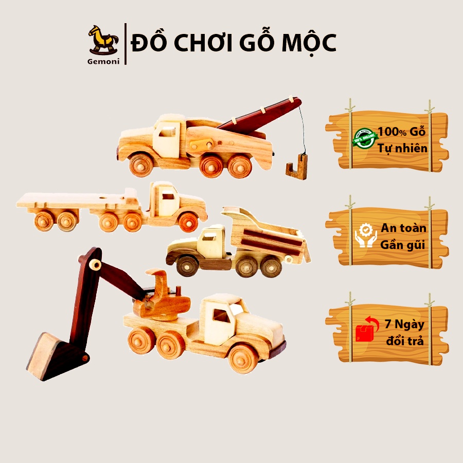 Bộ 4 Xe Đồ Chơi Ngành Xây Dựng Bằng Gỗ Mộc - Đồ chơi gỗ Gemoni