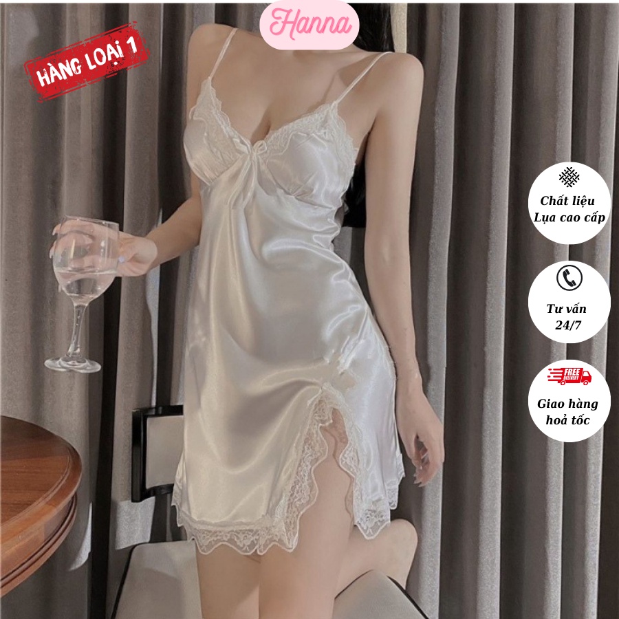 Váy ngủ sexy 2 dây, đầm ngủ lụa phối viền ren xẻ tà 2 bên gợi cảm có bigsize đến 70kg - HANNA SHOP