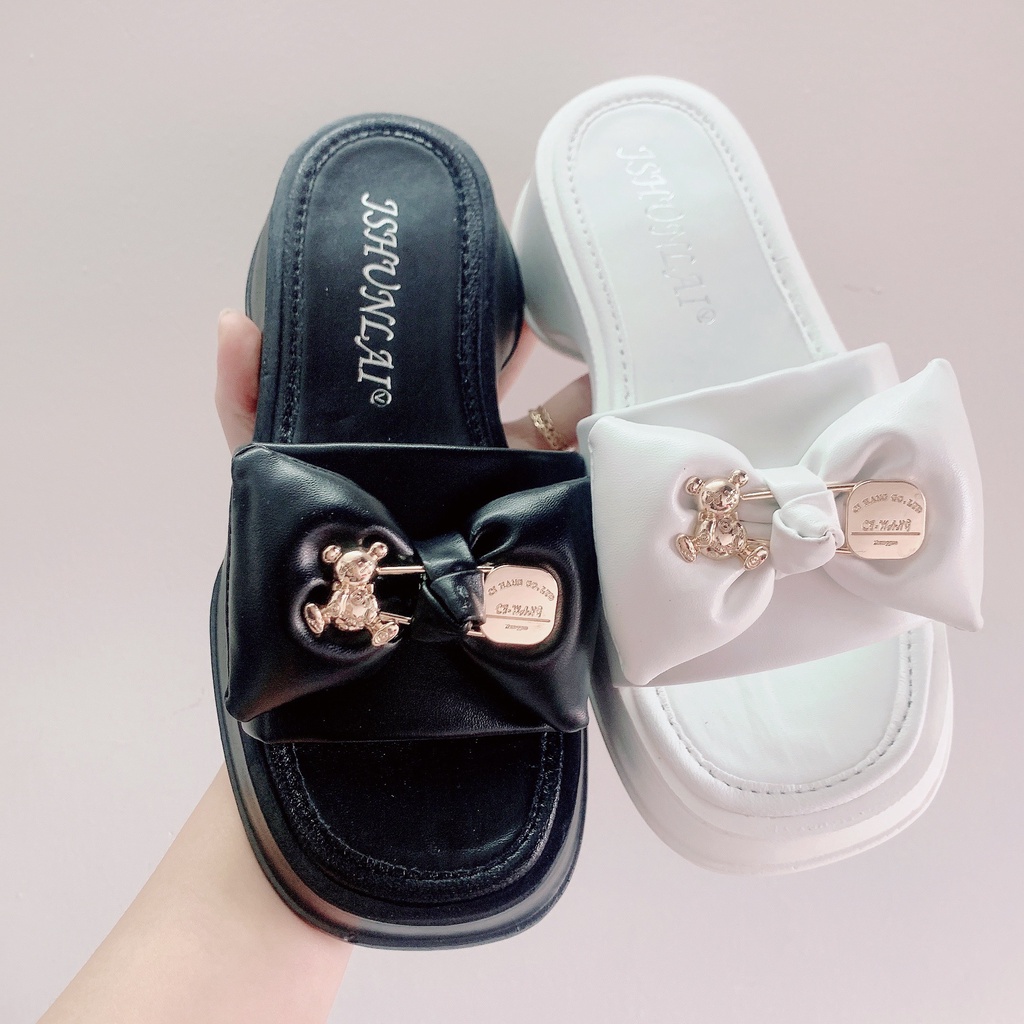 Dép thời trang nữ thắt nơ 4 cánh HAPU SHOES, dép đế bánh mì 3 phân phong cách