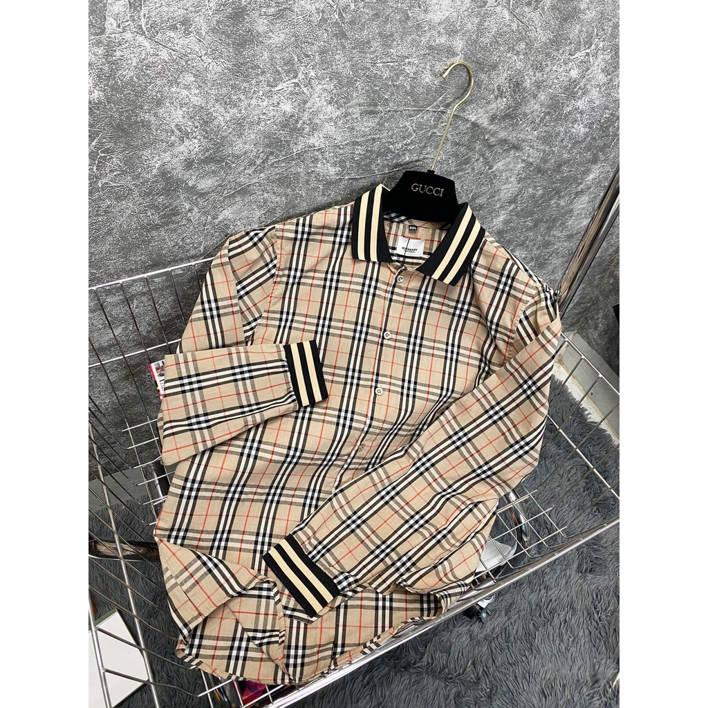 Áo sơ mi Burberry nam nữ dài tay CỔ SỌC ĐEN hoạ tiết kẻ sọc màu caro chất liệu cotton cao CẤP