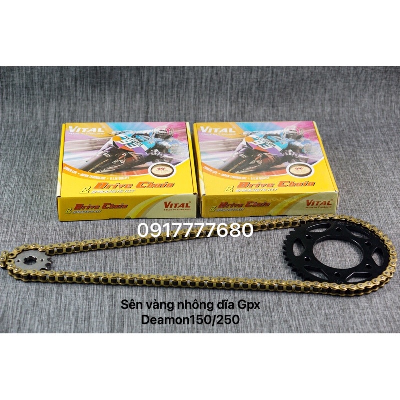 Nhông sên dĩa gpx deamon125/ Demon 150 GN GR SÊN VÀNG 9 ly hiệu VITAL - NSD, xích đĩa tải chính hãng