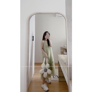 Đầm maxi voan xanh cốm cổ yếm cài nút sau cổ xếp li lai xòe viền bèo freesize Pumi( xanh lá đậm hơn hình xí ạ)