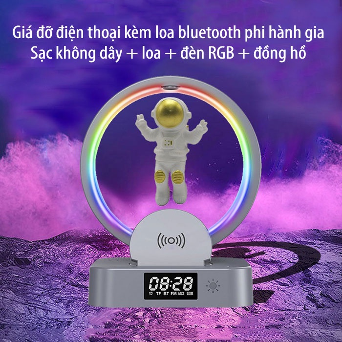 Loa Bluetooth Y558 5.0 kèm Giá Đỡ Điện Thoại Phi Hành Gia Bay Có Đèn LED cảm biến theo nhạc , Đồng Hồ, Sạc Không Dây