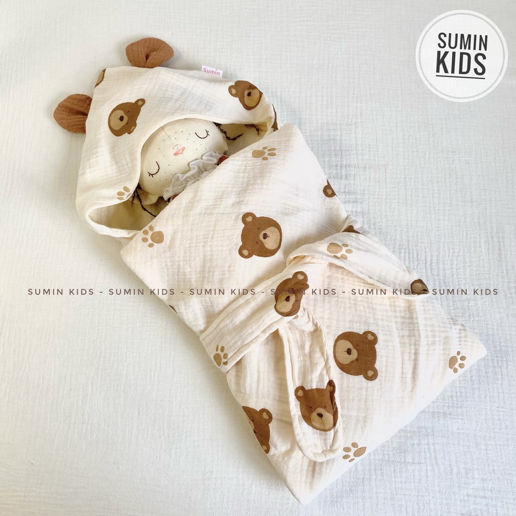 Choàng Ủ Xô Muslin Có Mũ Siêu Mềm, Ấm Cho Bé Sơ Sinh cao cấp SUMIN