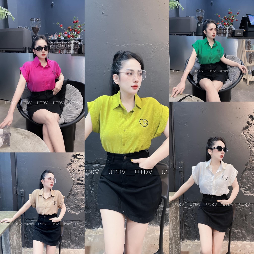 Áo sơ mi đũi ướt tay hến gấp thêu D.io tim (kèm ảnh thật)