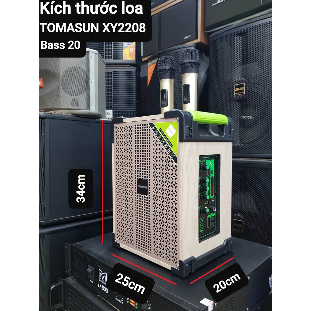 Loa kéo Karaoke Bluetooth TOMASUN XY2208: Bass 20, Tiếng hay, Có 2 Micro không dây đi kèm