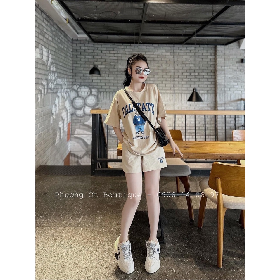 Set Thể Thao Cộc Tay 3158 Thêu Gấu Hình Chất Cotton Khô Bộ Đùi Nam Nữ Dáng Rộng Unisex Uxlang