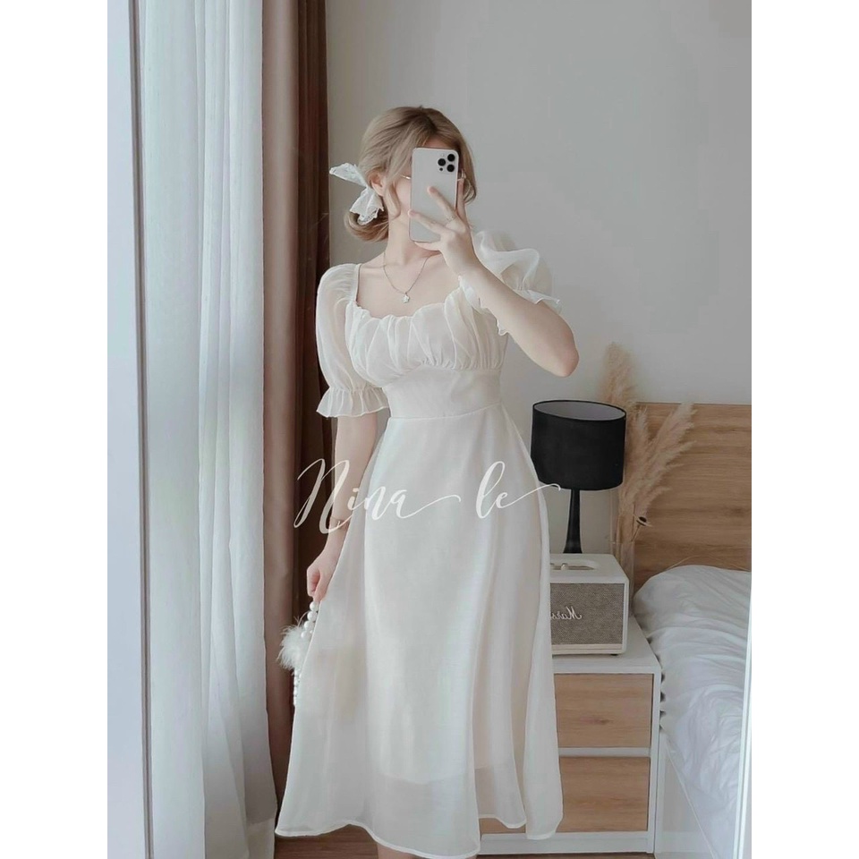 Váy đầm tay phồng xếp ly ngực có nơ