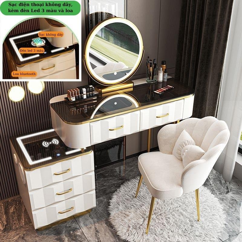 Bàn trang điểm LUXURY kèm gương đèn Led cảm ứng hiện đại, bàn phấn có tủ và ngăn kéo, kèm loa bluetooth sặc không dây