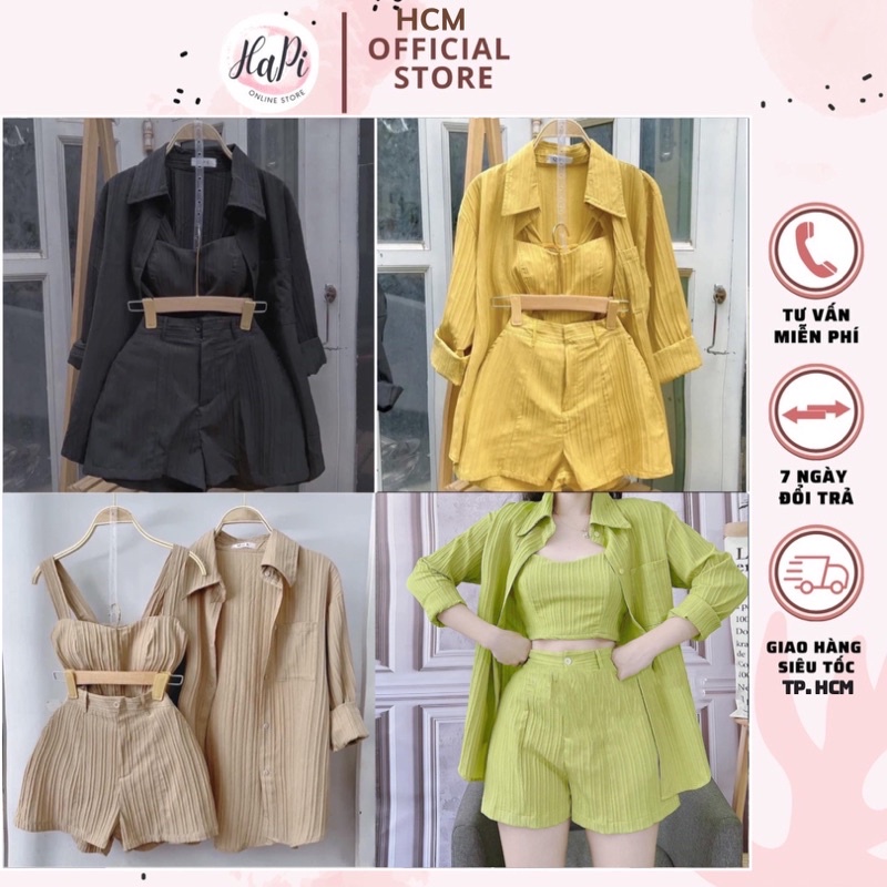 Set 3 Món Đồ Nữ, Sơ Mi Quần Đùi Kèm Áo Bra Chất Xốp Đũi Dạo Phố Đi Biển Sang Chảnh