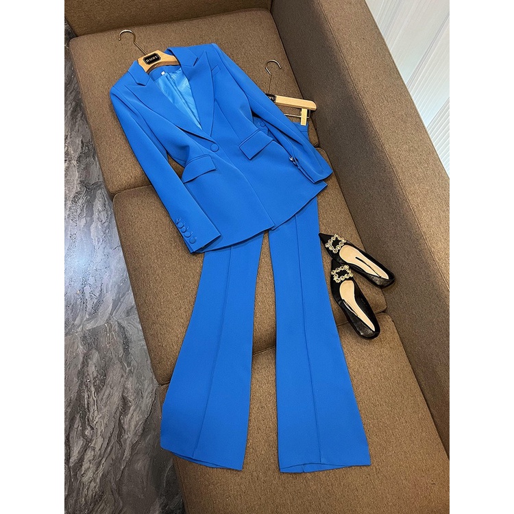 Set Vest nữ áo blazer nữ, quần ống loe nữ cạp nhỏ màu xanh QUYNH Design AV001
