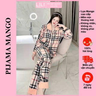 Đồ bộ mặc nhà nữ, bộ ngủ pijama chất lụa MANGO loại 1 quần dài áo dài sọc nâu