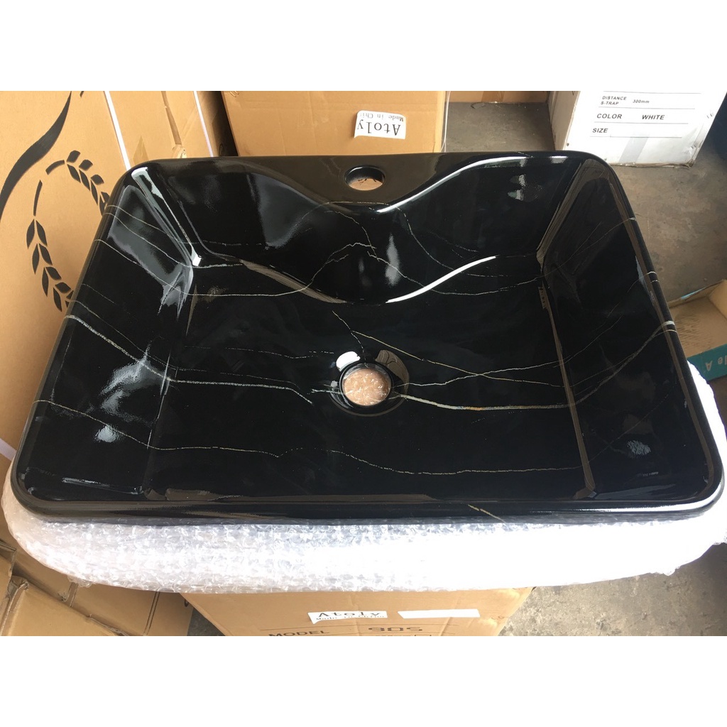 Lavabo rửa mặt đặt bàn đá hình chữ nhật vân đen