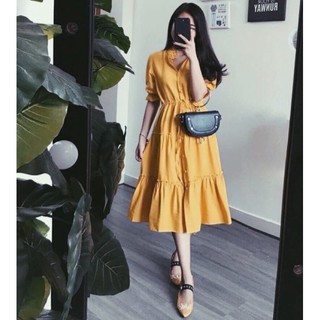 Đầm vàng nghệ tầng nút bọc (kèm hình thật)