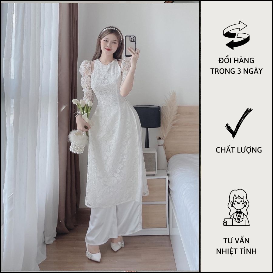 Set Áo Dài Ren Hoa Đính Ngọc Khoét Vai Duyên Dáng - M0666