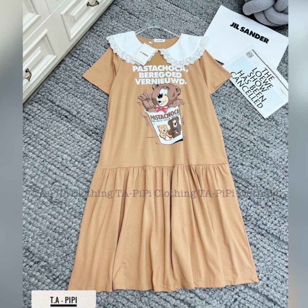 Đầm Bầu Cotton Cổ Ren Dáng Xuông Đuôi Cá, Váy Bầu Dáng Ngắn In Hình Dễ Thương HD2922 Honey Mommy