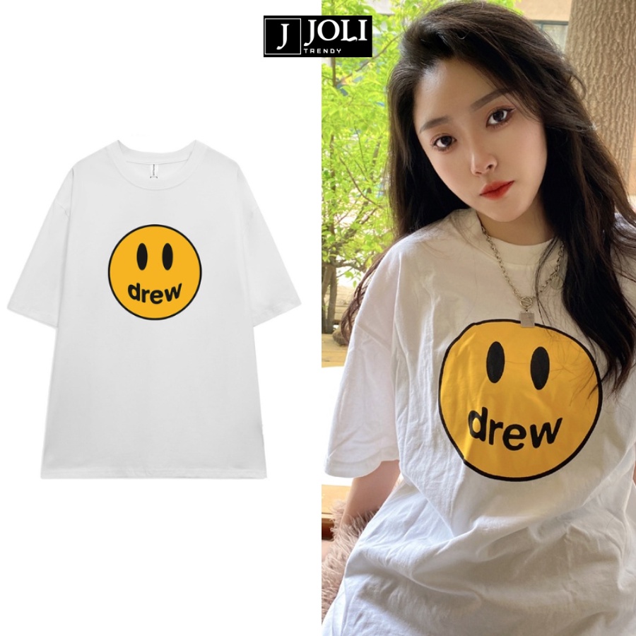Áo Thun Unisex Tay Lỡ Drew & Mặt Cười Form Rộng Nam Nữ by JOLI Phong Cách Ulzzang