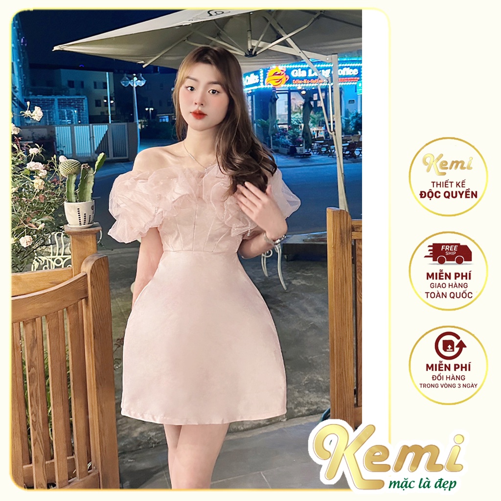 Đầm dự tiệc, váy thiết kế trễ vai phối ren lưới nhũ eo gân xương cá dáng váy xòe Kemi mặc chụp hình kỉ yếu, sinh nhật
