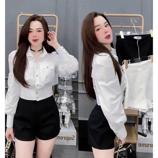 Áo sơ mi croptop túi hộp bo gấu freesize from <55kg