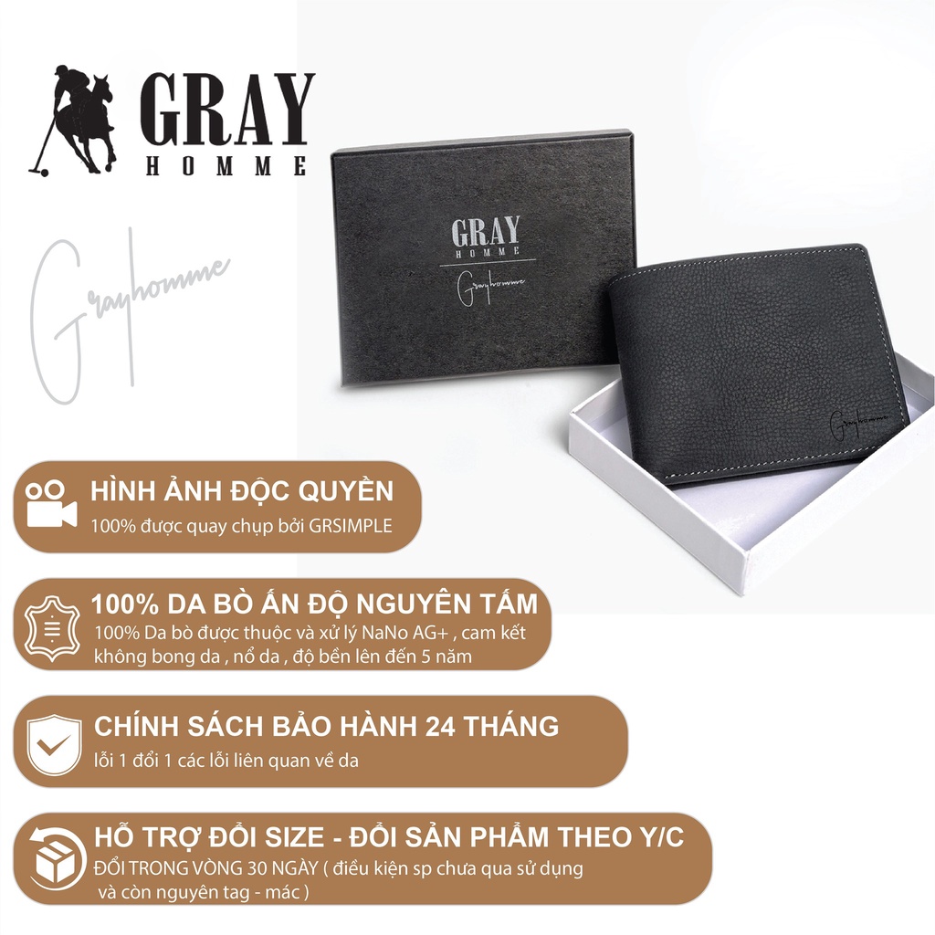 Ví nam da Bò 100% cao cấp Tặng full hộp làm quà tặng bảo hành 24 tháng GRAYHOMME