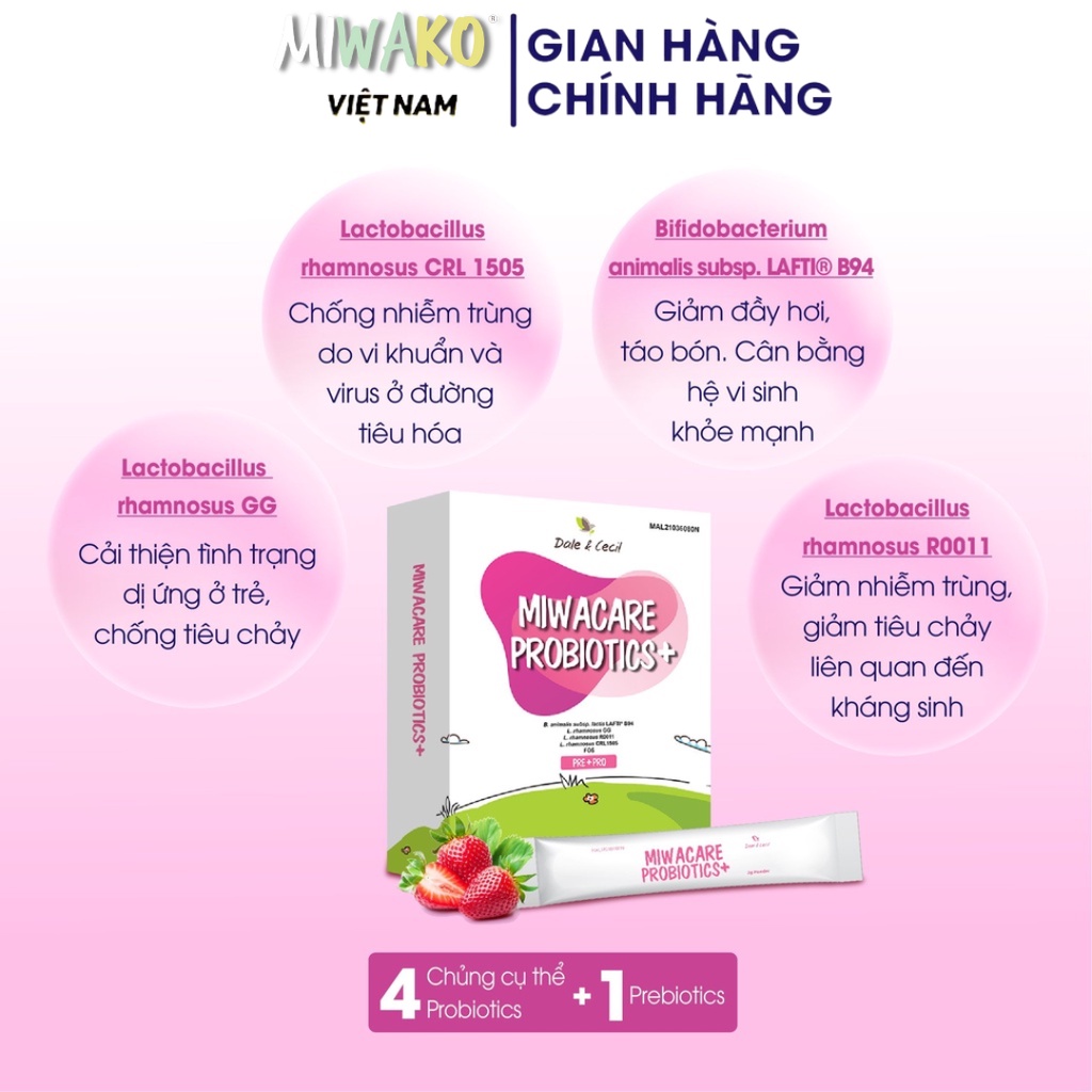 Men Vi Sinh Cho Bé Miwacare Probiotics+ Hộp 10 gói Vị Dâu - Miwako Official Store
