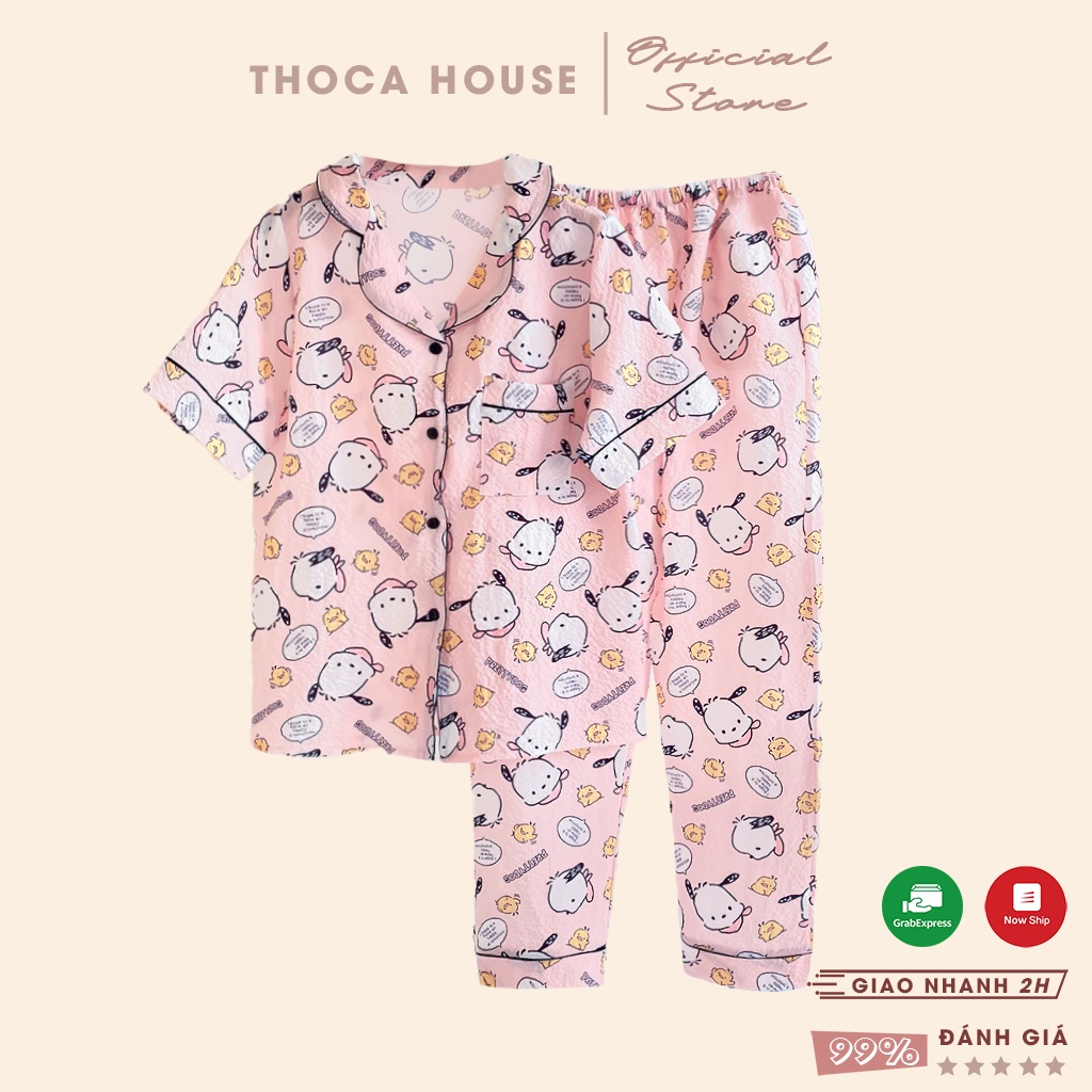 Đồ bộ mặc nhà pyjama vải xốp tay ngắn quần dài túi viền THOCA HOUSE hoạt hình dễ thương, thoải mái