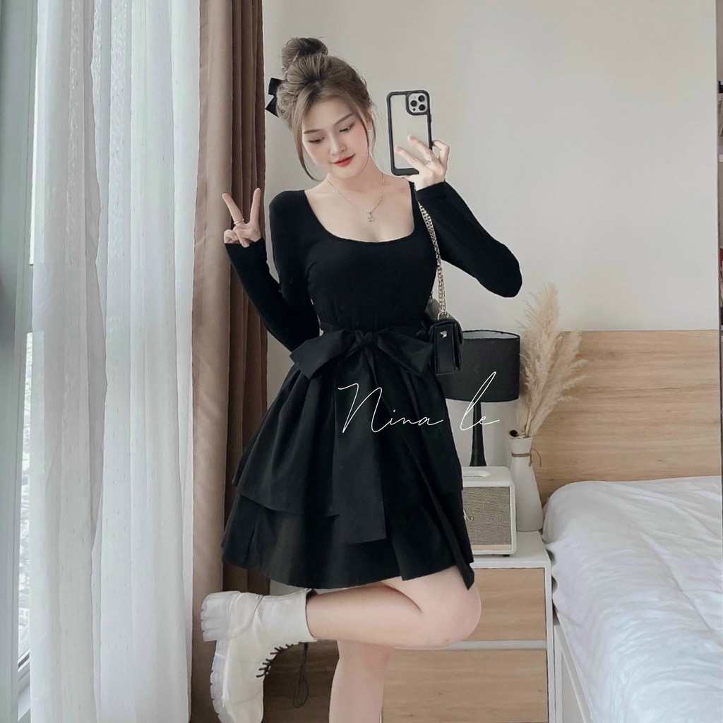 Set áo cổ vuông tay dài mix chân váy ngắn cotton lạnh thắt nơ cá tính