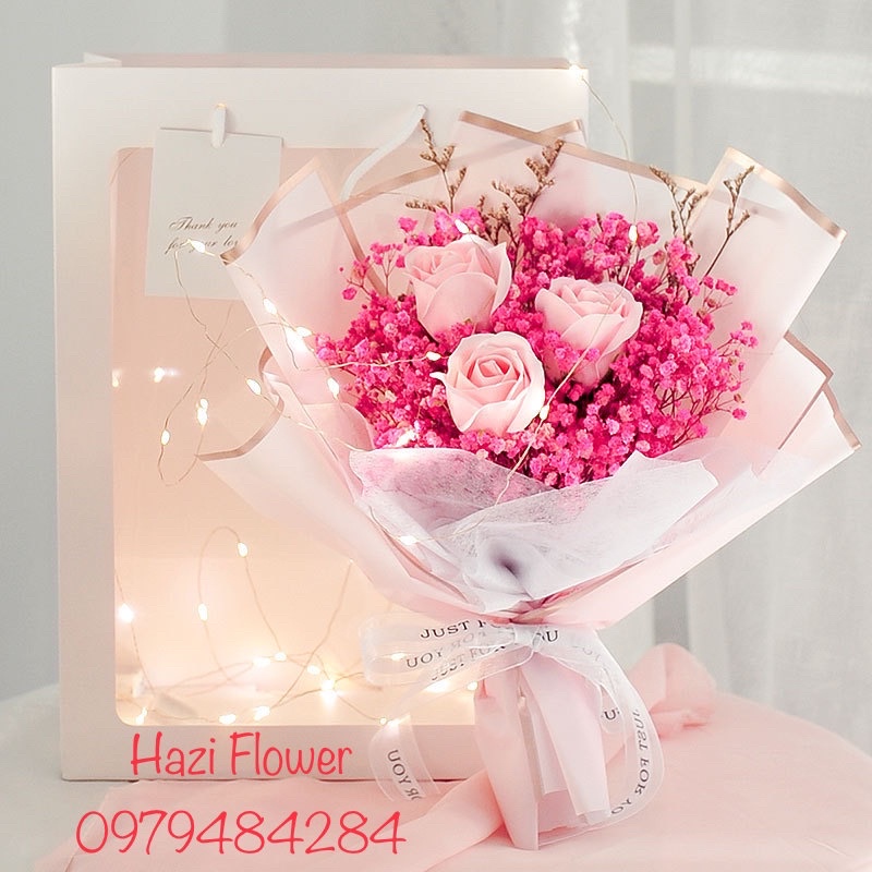 Bó hoa hồng sáp điểm bi kèm túi, đèn,thiệp cực đẹp! Được chọn màu hoa