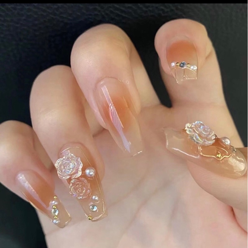 Bộ 24 móng tay giả đính hoa Hồng cam🌺TẶNG KEO DÁN🌺{Z402}