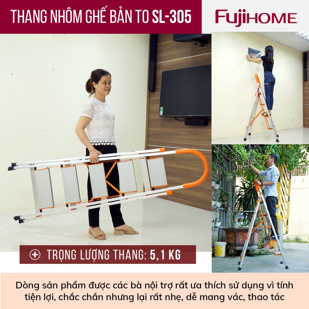 Thang nhôm ghế bản to 4-5-6 bậc nhập khẩu FUJIHOME SL-305 Công nghệ Nhật Bản - Bảo hành toàn quốc 24 tháng