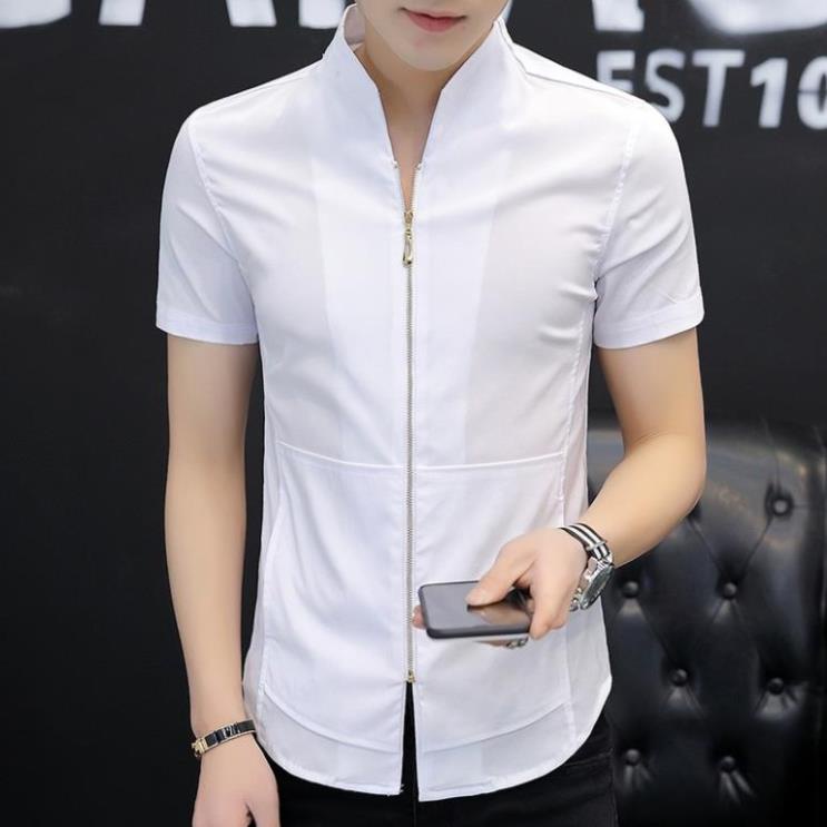 h Áo sơ mi nam, Áo sơ mi cộc tay Cổ tàu phối khóa,Thiết kế độc đáo,  Mã N19 . | BigBuy360 - bigbuy360.vn