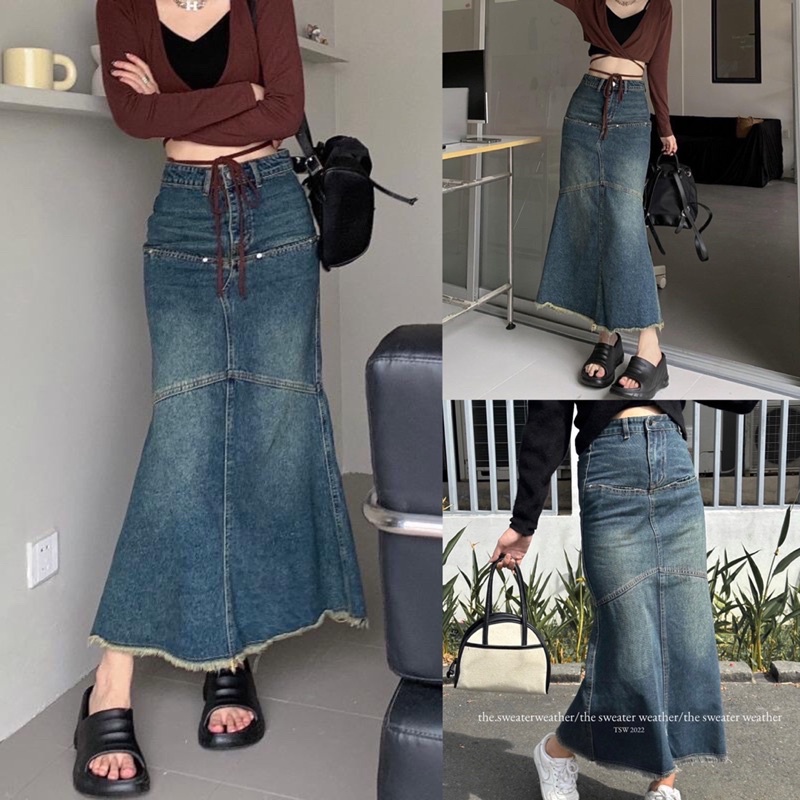 Chân váy jeans lưng cao cách điệu dáng đuôi cá xoè dài siêu xinh