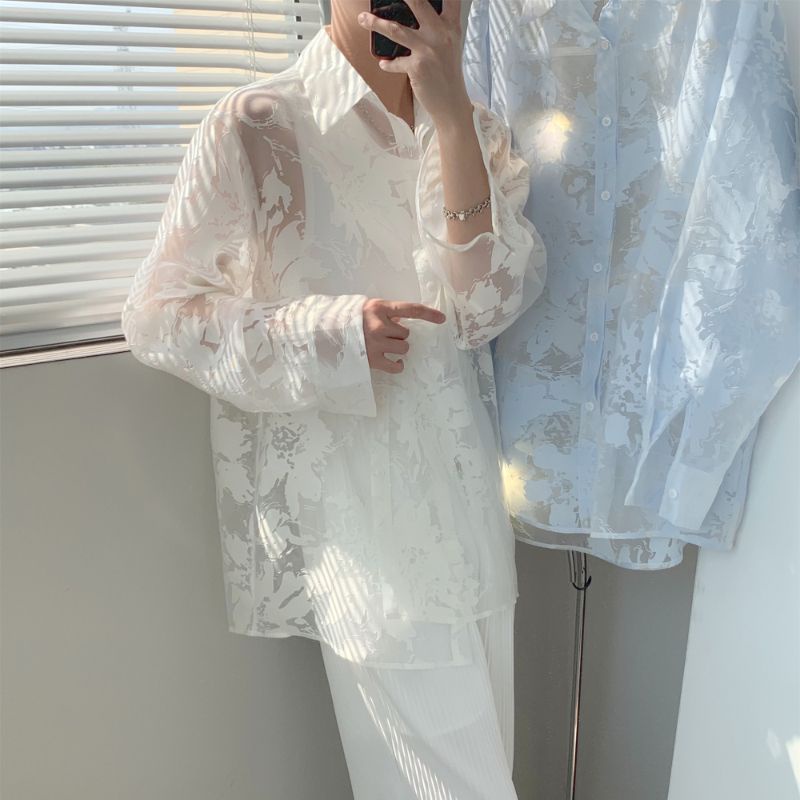 ▼┅Lụa băng cao cấp phần mỏng dài tay côn đồ đẹp trai đổ xô chống nắng áo sơ mi nam mùa hè ins thiết kế hợp thời trang cả