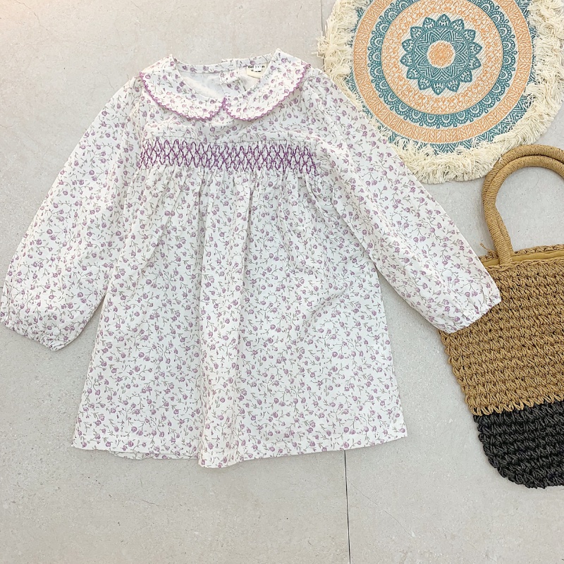 Váy Đầm Cổ Sen Cho Bé Gái Phong Cách Vintage Hoa Nhí Cotton Mềm Mại - Mã 712