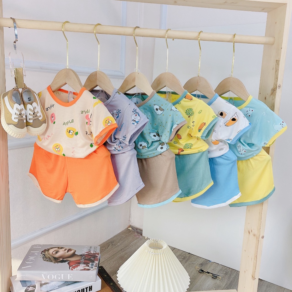 Đồ bộ cộc tay bé trai, quần áo ngắn tay thun lanh Minky Mon áo kín thân phối quần túi zip 6-17kg QN19