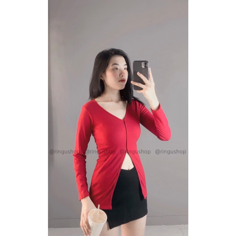 Aó thun tay dài cổ tim xẻ tà chất thun gân-ringushop