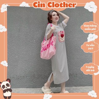 Váy Suông Kẻ Nữ Thêu Hình Gấu Dâu Váy Thun Cotton Mịn Mát