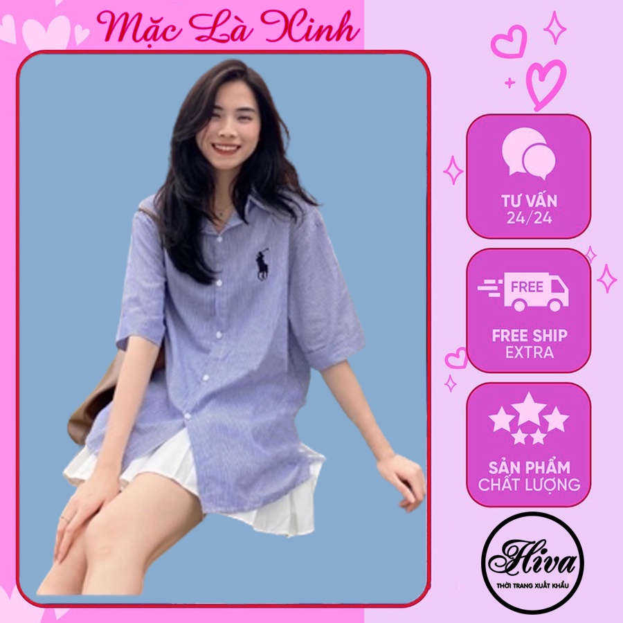 Áo sơ mi nữ form rộng công sở babydoll kẻ cộc tay thêu hình logo ulzzang