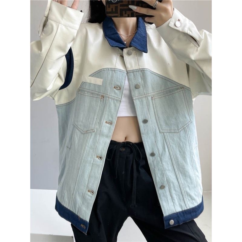 Áo Khoác Jeans Demin Phối Da Vai Kẻ Sọc Dáng Rộng Ulzzang Thời Trang Nam Nữ Mới Nhất Năm 2023
