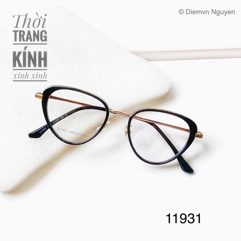 Gọng kính cận mắt mèo 11931 dáng nhỏ xinh cho nữ_ Form kính cho mặt nhỏ, nhiều màu, càng kim loại mảnh, thoáng mặt