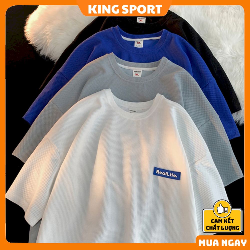 Áo thun tay lỡ form rộng chất cotton tổ ong KING SPORT  Áo phông nam nữ logo cao su REALLIFE cao cấp unisex AT012