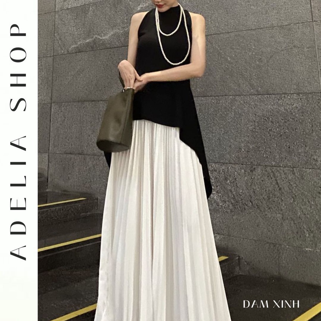 「ADELIA」Set Váy Cổ Yếm Không Tay Màu Đen Và Chân Váy Xếp Ly Dáng Dài Xòe 2 Lớp Hàn Quốc