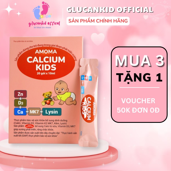 Canxi Amoma Calcium Kids hộp 20 gói - Bổ sung Canxi, Vitamin D3, Vitamin K2 MK7, Kẽm, Lysin cho trẻ - GLUCANKID