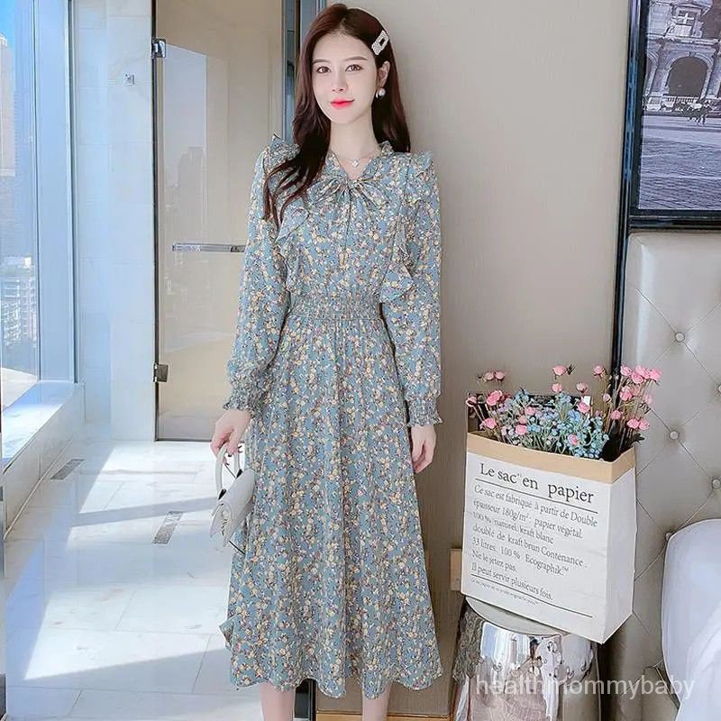 Trang Phục Cho Con Bú Đi Chơi  Hoa Váy Liền Dài Tay Mỏng  Váy Dài Thắt Nơ Mặc Bên Trong Cho Con Bú
