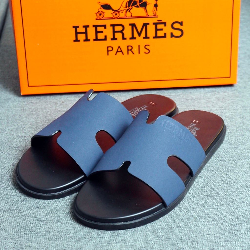 Dép HM Nam Quai Ngang Da Phiên Bản Màu Xanh Navy Hiện Đại Chống Thấm Nước Đi Thoáng Chân Mẫu Mới Năm 2023