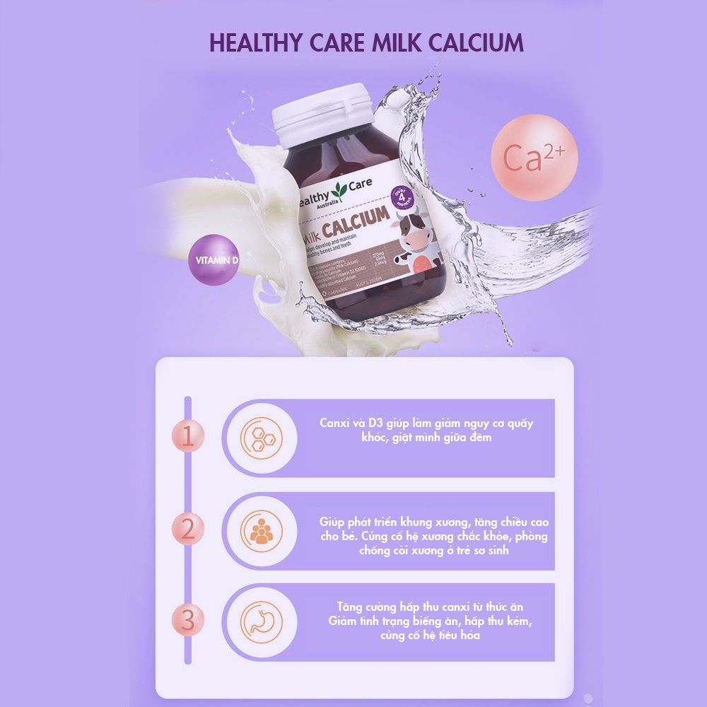 Healthy Care Kids Milk Calcium Cung cấp Canxi và Vitamin D cho bé- Canxi Sữa Dạng Viên Nhai - Lọ 60 viên
