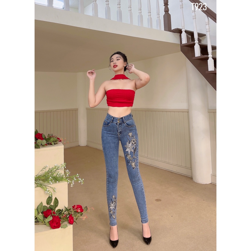Quần jean Zada T923 thêu hoa xanh đá