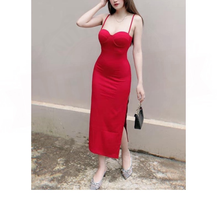 Đầm Ôm Body Dài 2 Dây Xẻ Tà 2 Bên (có Mút Ngực) Cao Cấp LONG Mart Màu Sắc Nhã Nhặn Thật Sự Phù Hợp Để Tới Công Sở,